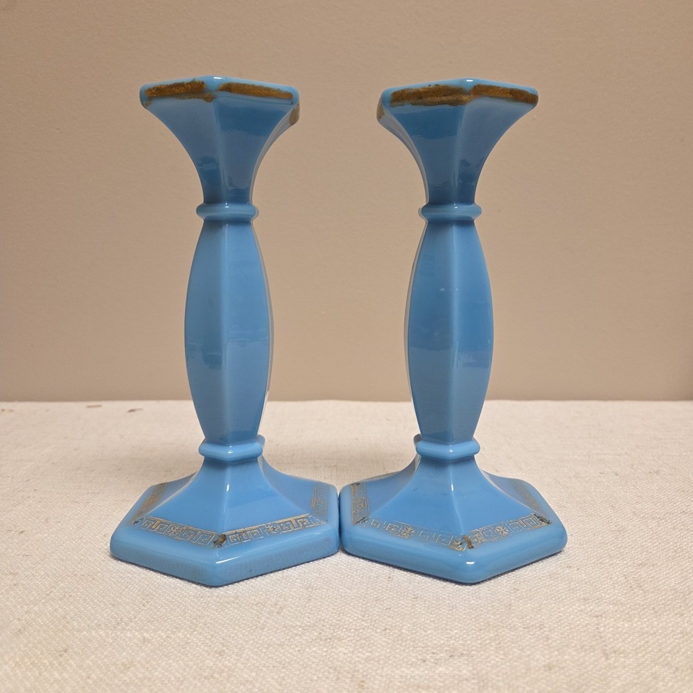 Vintage Pair Cambridge Azurite‎ Blue Opaque Glass Candlesticks